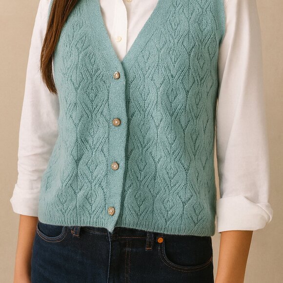 JDY Vintage Y2K SZ S Cable Knit Button Front Vest Green Diamond Gold Buttons - Picture 1 of 7